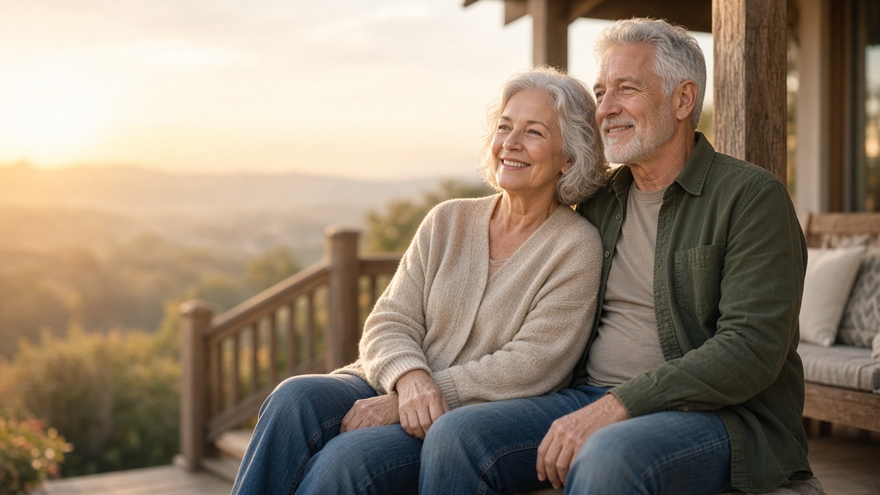 Photo of a retired couple smiling on a porch at sunset
